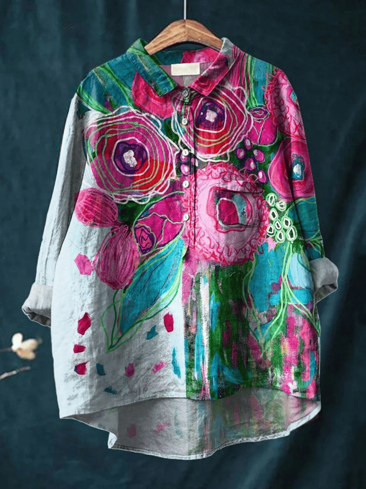 Chemise légère multicolore à motifs abstraits, col boutonné, manches longues