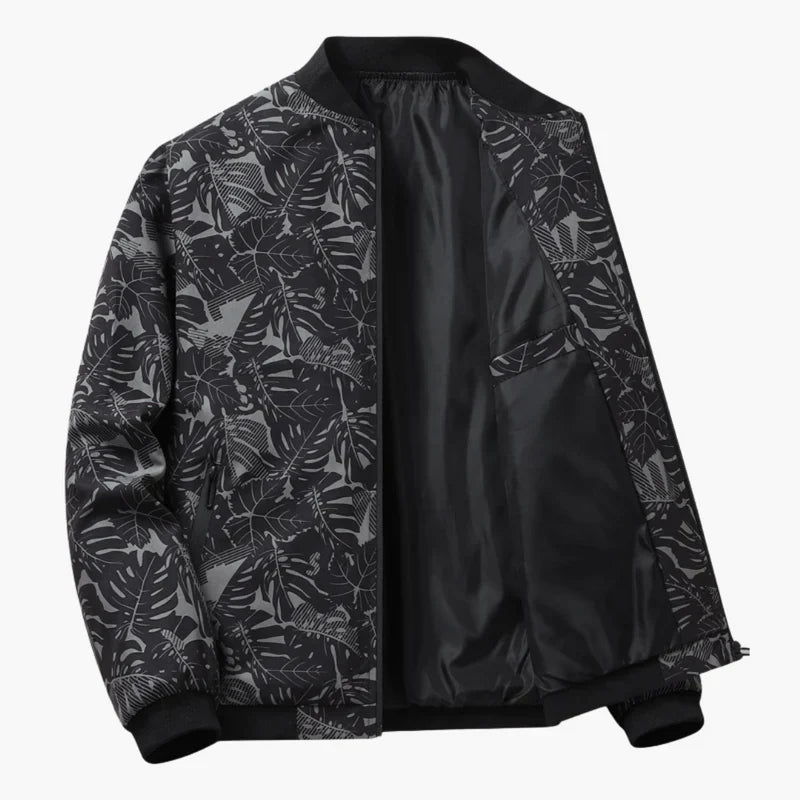 Blouson bomber Louis noir à motif feuillagé gris, fermeture zippée et col côtelé.