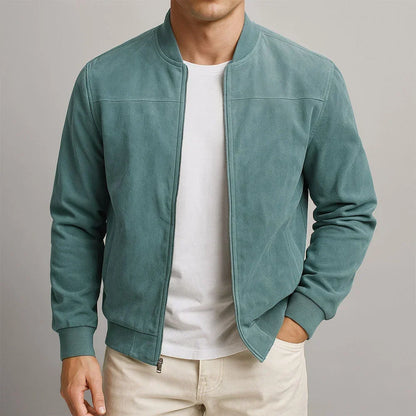 Blouson bomber moderne vert d'eau suédé, fermeture zippée, col montant côtelé