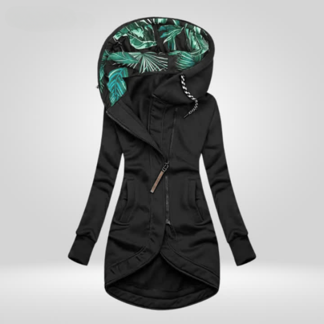 Manteau d’hiver coupe-vent noir à capuche motif feuillage, fermeture zip centrale