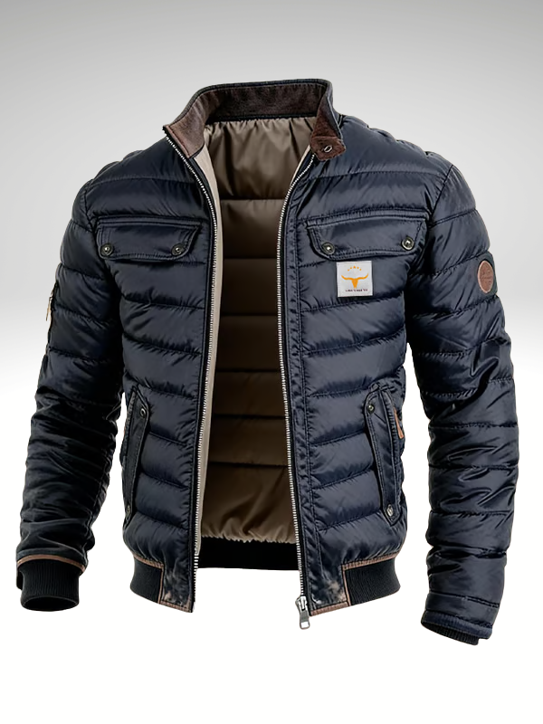 Veste vintage matelassée bleu marine avec fermeture éclair et poches boutonnées