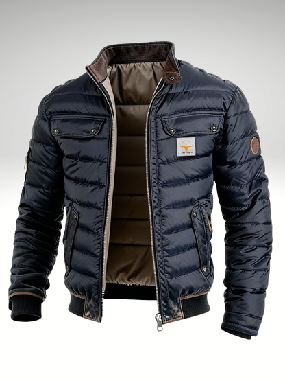 Veste vintage matelassée bleu marine avec fermeture éclair et poches boutonnées