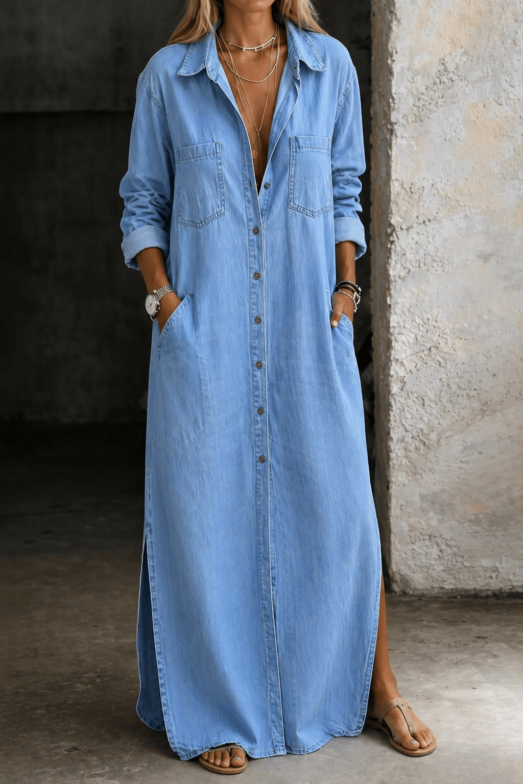 Robe longue boutonnée denim bleu clair, fermeture à boutons, poches sur la poitrine.