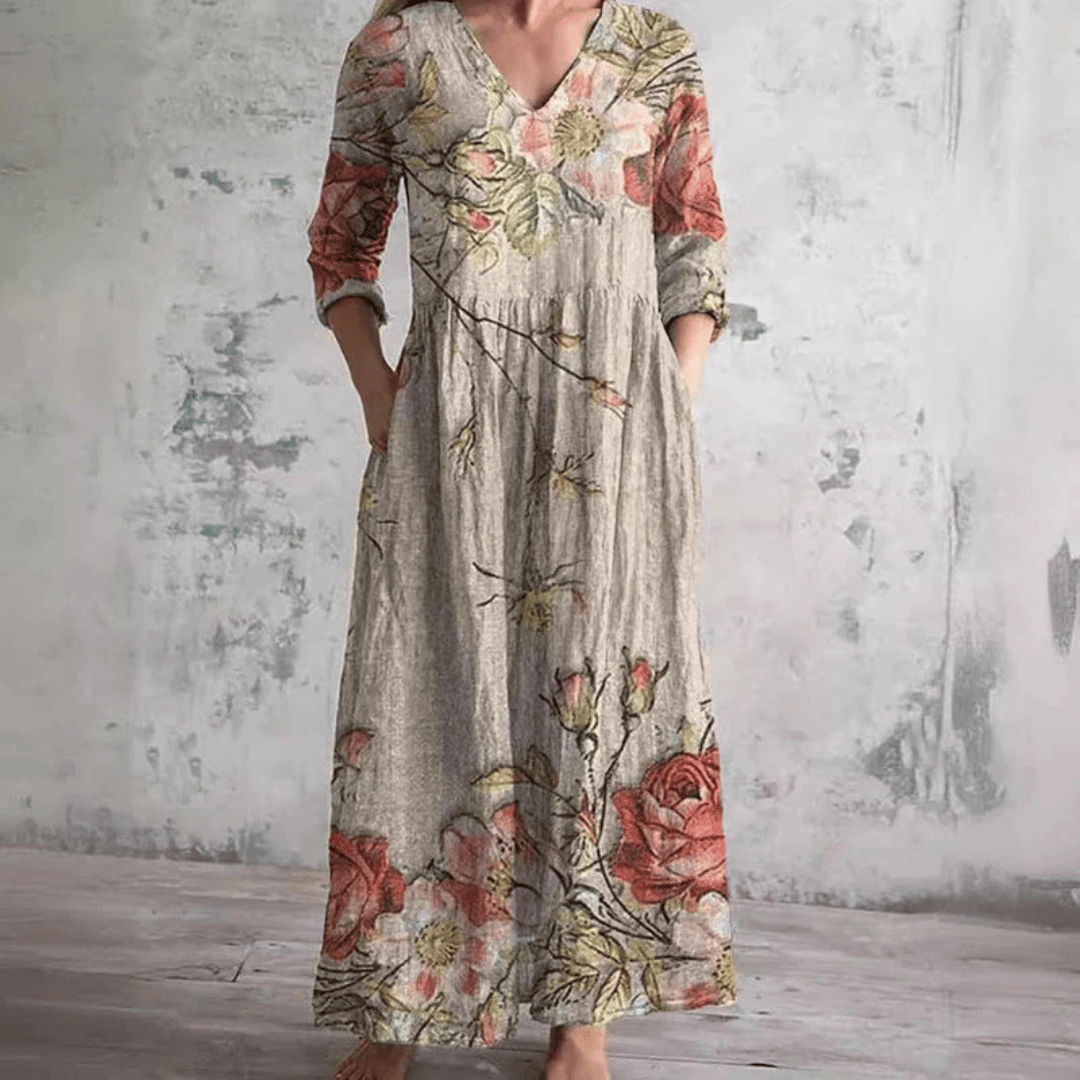 Bella™ robe d'été fleurie beige, encolure V, manches longues, coupe ample