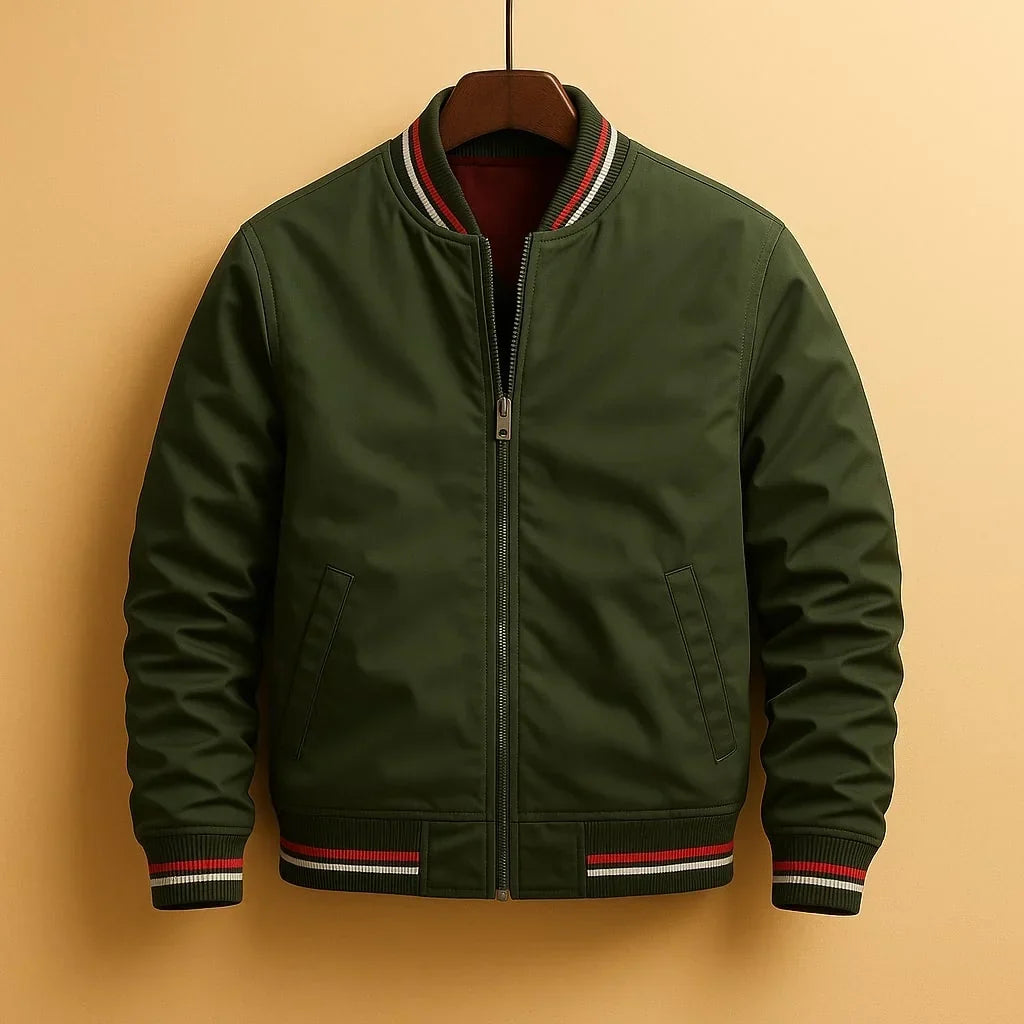 Veste bomber imperméable vert olive, fermeture éclair, bordures côtelées rayées
