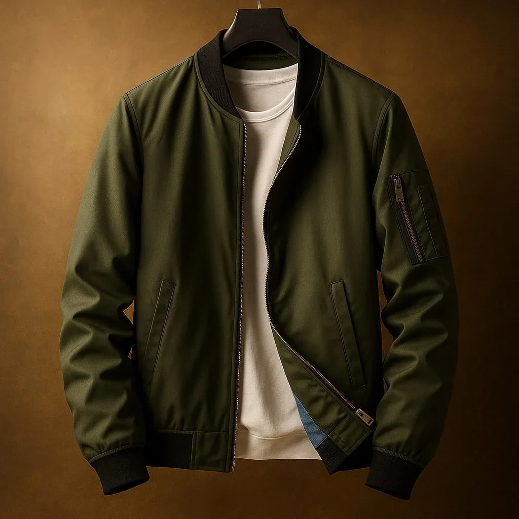 Blouson bomber zippé vert olive, col et poignets côtelés, poche zippée sur la manche