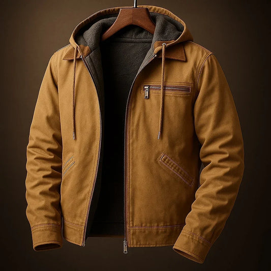 Veste à capuche camel zippée, poche zippée poitrine et cordons aux capuche.