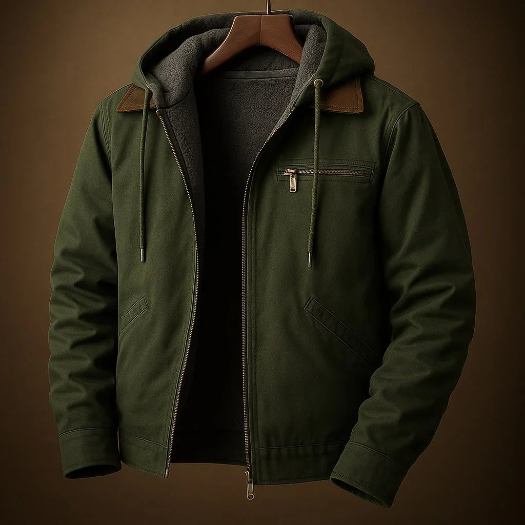 Veste à capuche vert foncé zippée, poche zippée poitrine et cordons de capuche.
