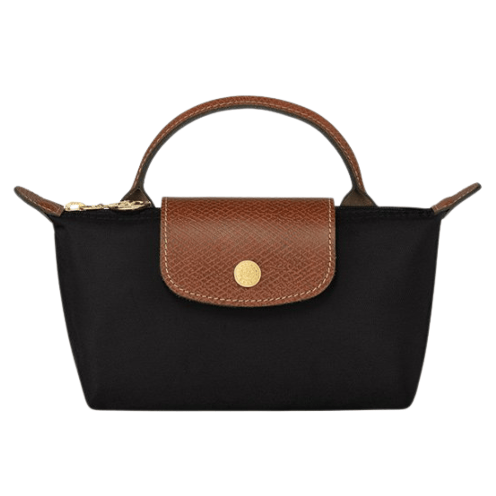 Mini sac noir à anses, rabat marron et attache dorée, bandoulière incluse