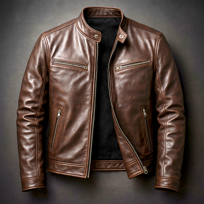 Veste vintage en cuir marron zippée, col boutonné, deux poches zippées sur la poitrine