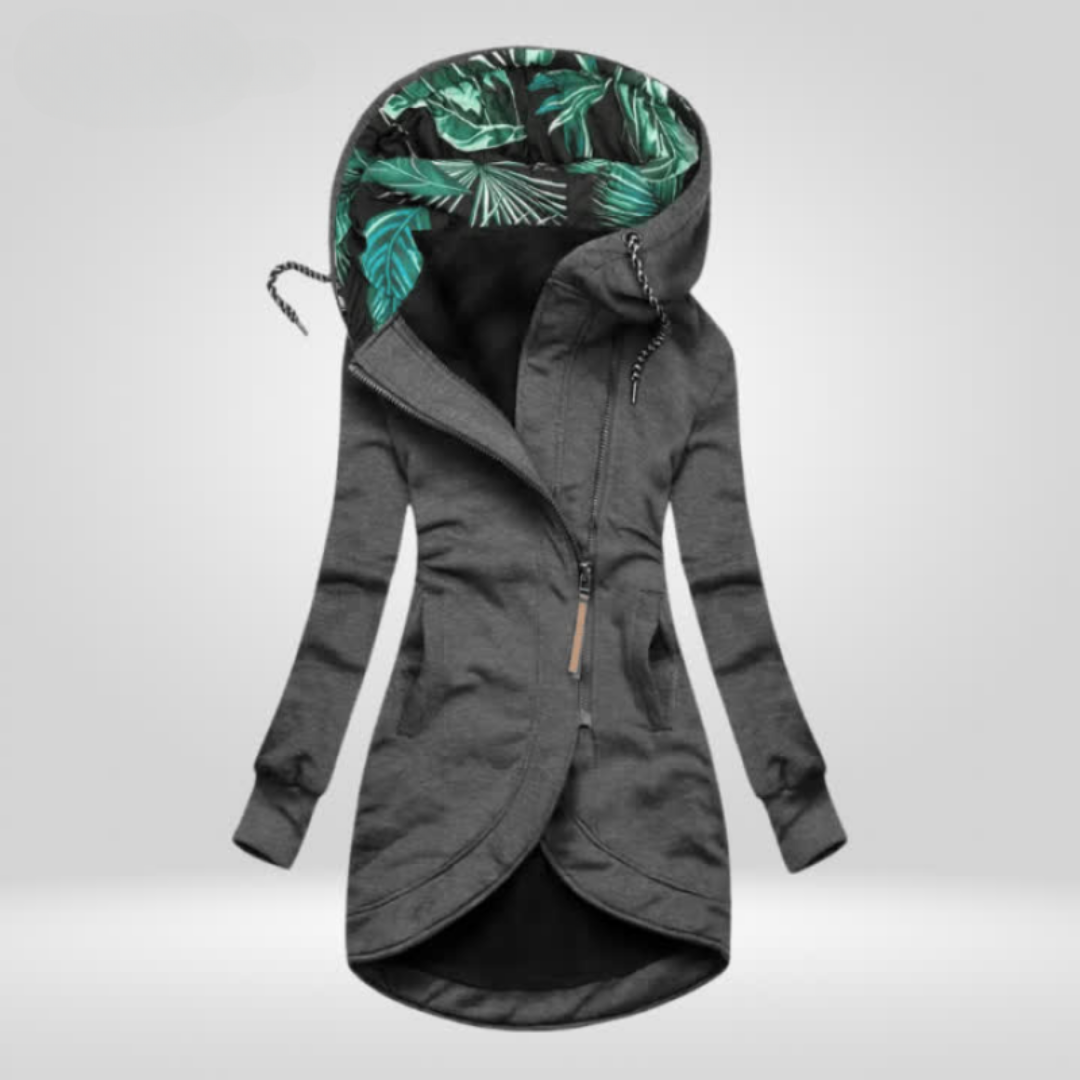 Manteau d’hiver coupe-vent gris à capuche motif feuillage, cordons et fermeture zip