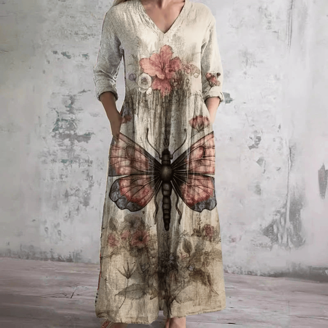 Robe d'été beige ample à fleurs, col V et manches trois-quarts, imprimé papillon