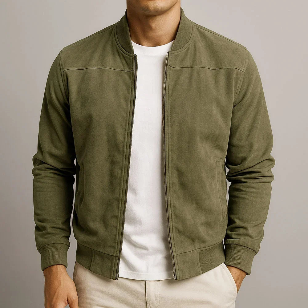 Blouson bomber moderne vert olive suédé, fermeture zippée, poches plaquées