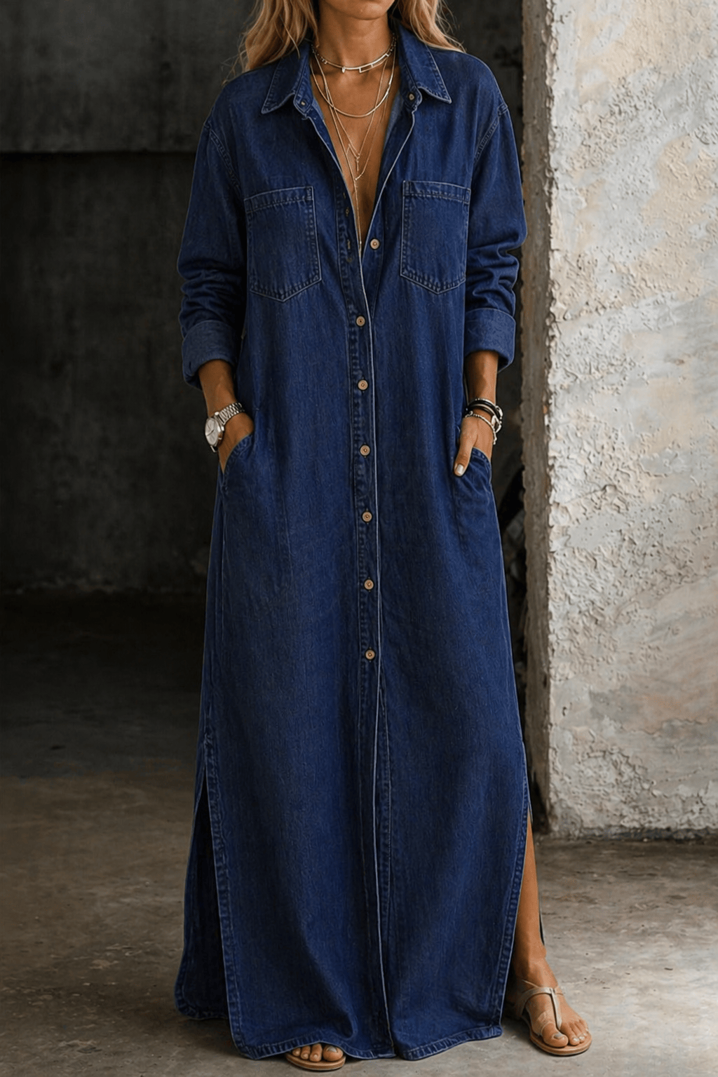 Robe longue boutonnée denim bleu foncé, col chemise, poches poitrine, fente avant.