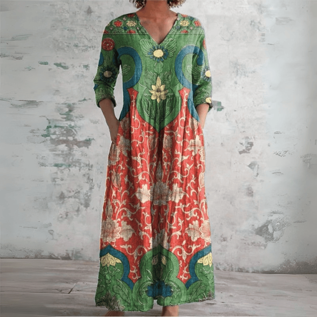 Robe longue vintage multicolore à motifs floraux, base verte, col en V et boutons