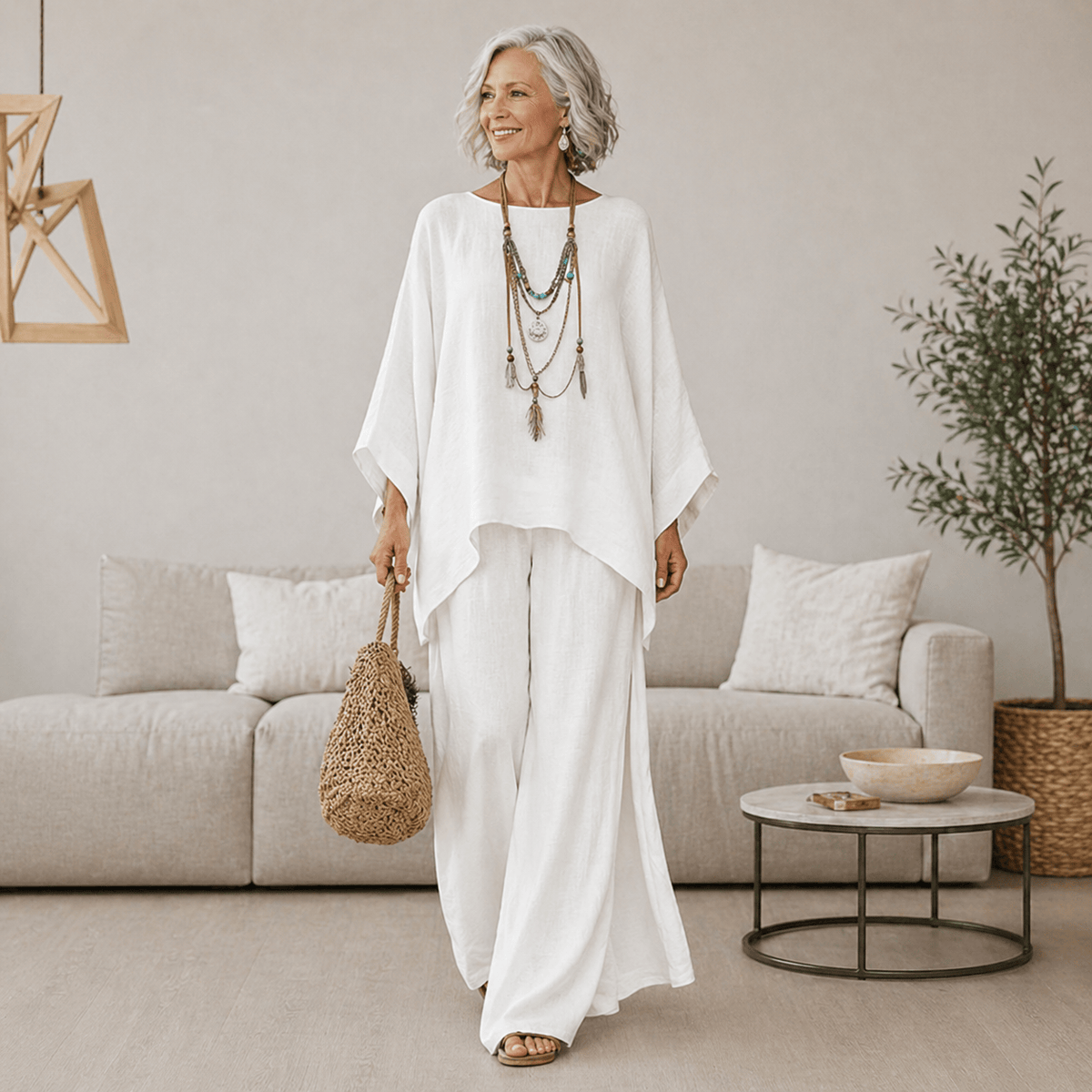 Ensemble blanc ample: tunique fluide et pantalon long, col rond, manches chauve-souris
