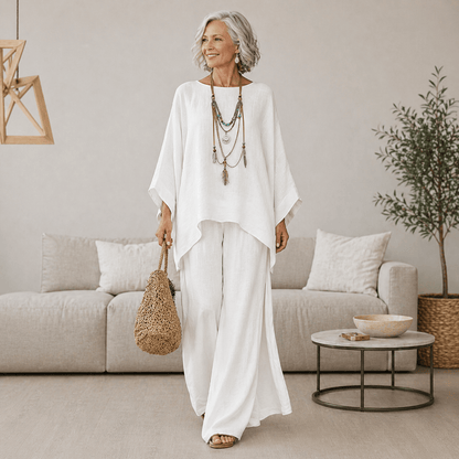 Ensemble blanc ample: tunique fluide et pantalon long, col rond, manches chauve-souris