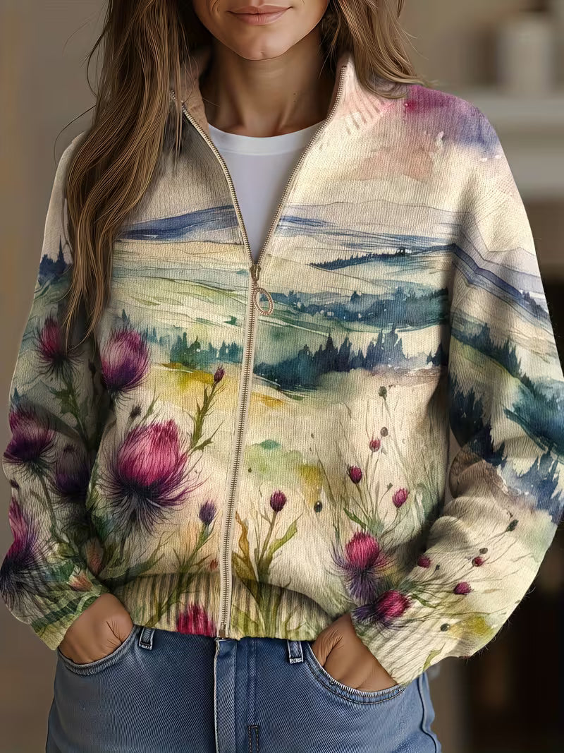 Zelda | Cardigan zippé paysage de chardon écossais