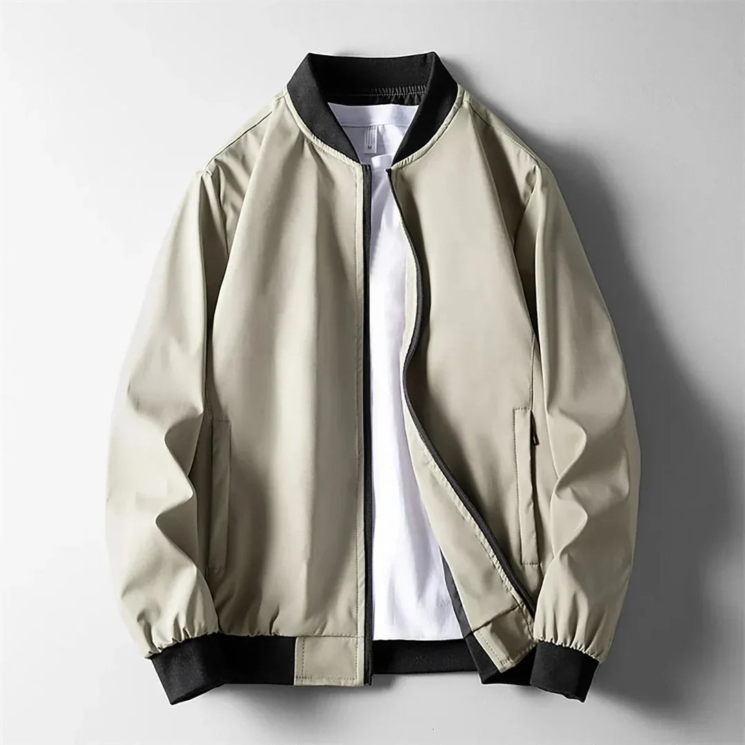 Veste bomber beige à fermeture éclair, col, poignets et ourlet côtelés