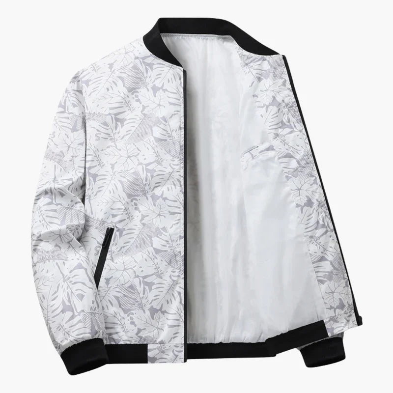 Blouson bomber blanc à imprimé feuilles, fermeture zippée, intérieur noir, poignets côtelés.
