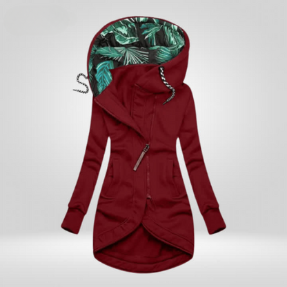 Manteau d’hiver coupe-vent bordeaux à capuche motif feuillage, cordons à l’avant