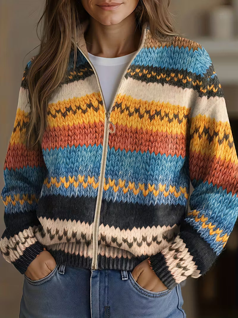 Yseult | Cardigan en maille à rayures zigzag multicolores
