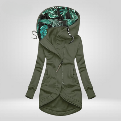 Manteau d’hiver coupe-vent vert militaire à capuche motif feuillage, fermeture zip