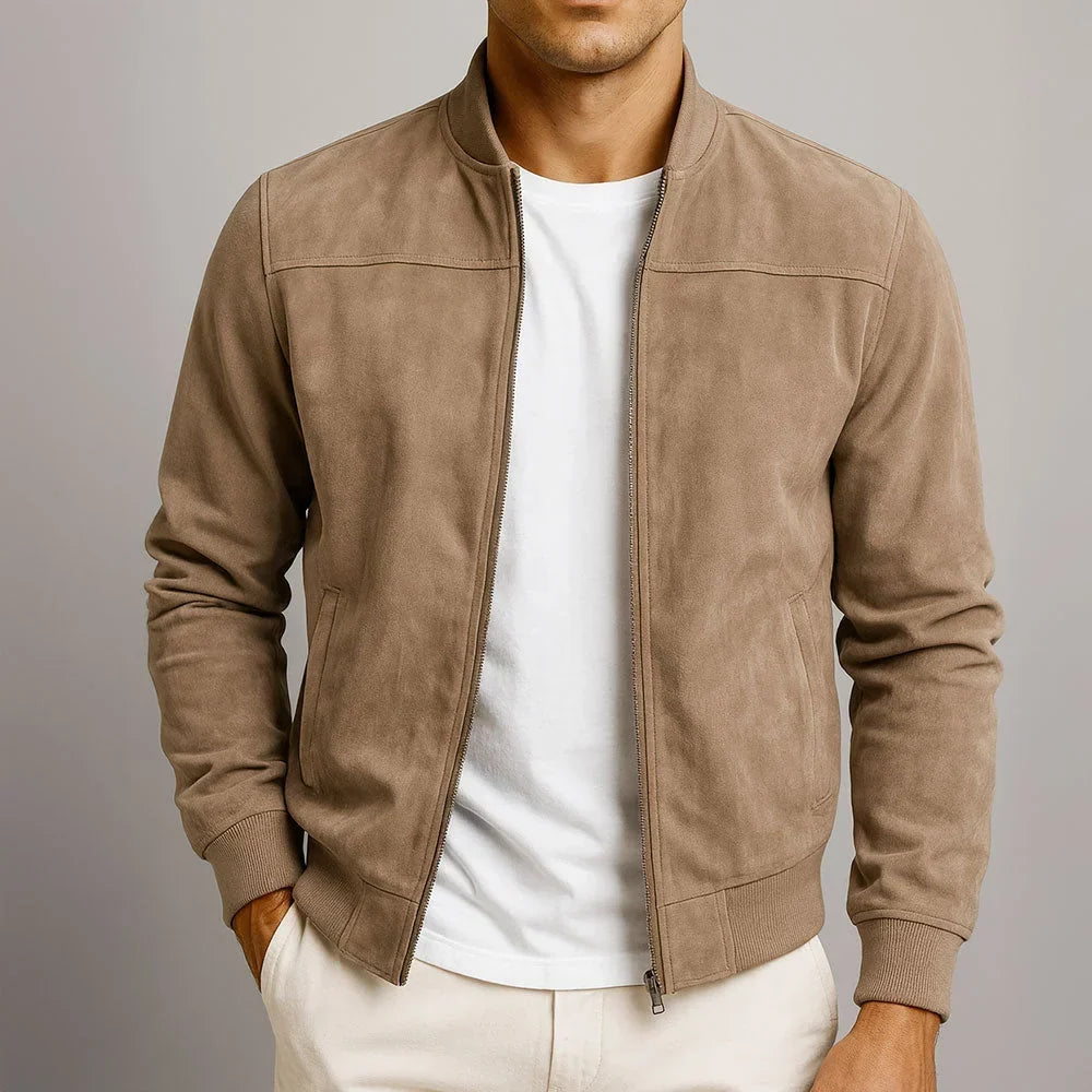 Blouson bomber moderne en tissu beige à fermeture zippée et poignets côtelés
