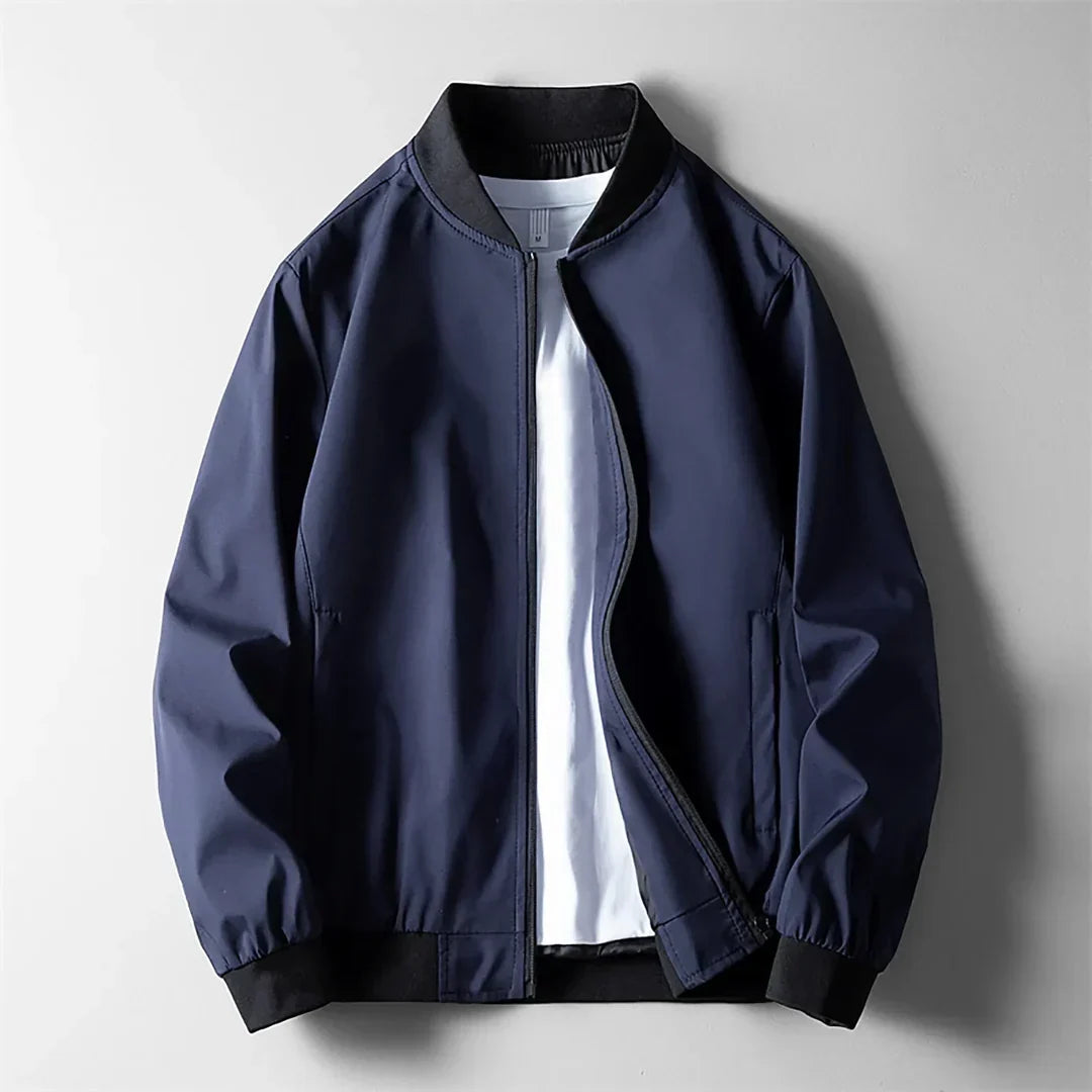 Veste bomber bleu marine à fermeture éclair, col, poignets et ourlet côtelés