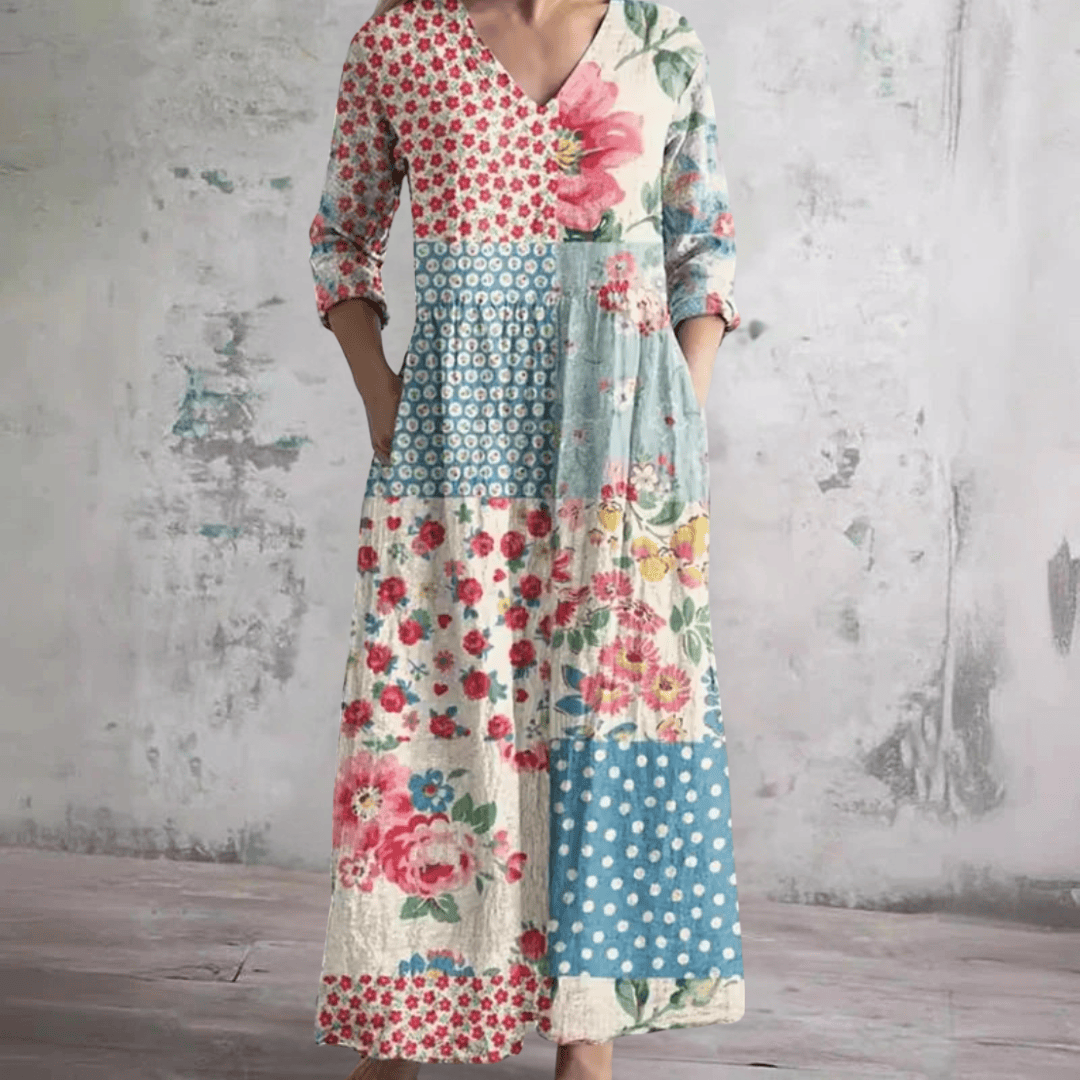 Robe d’été patchwork fleurie, col en V, manches longues, longueur au sol