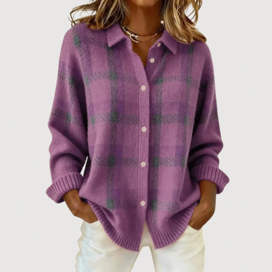 Cardigan Adèle en maille à carreaux – Violet