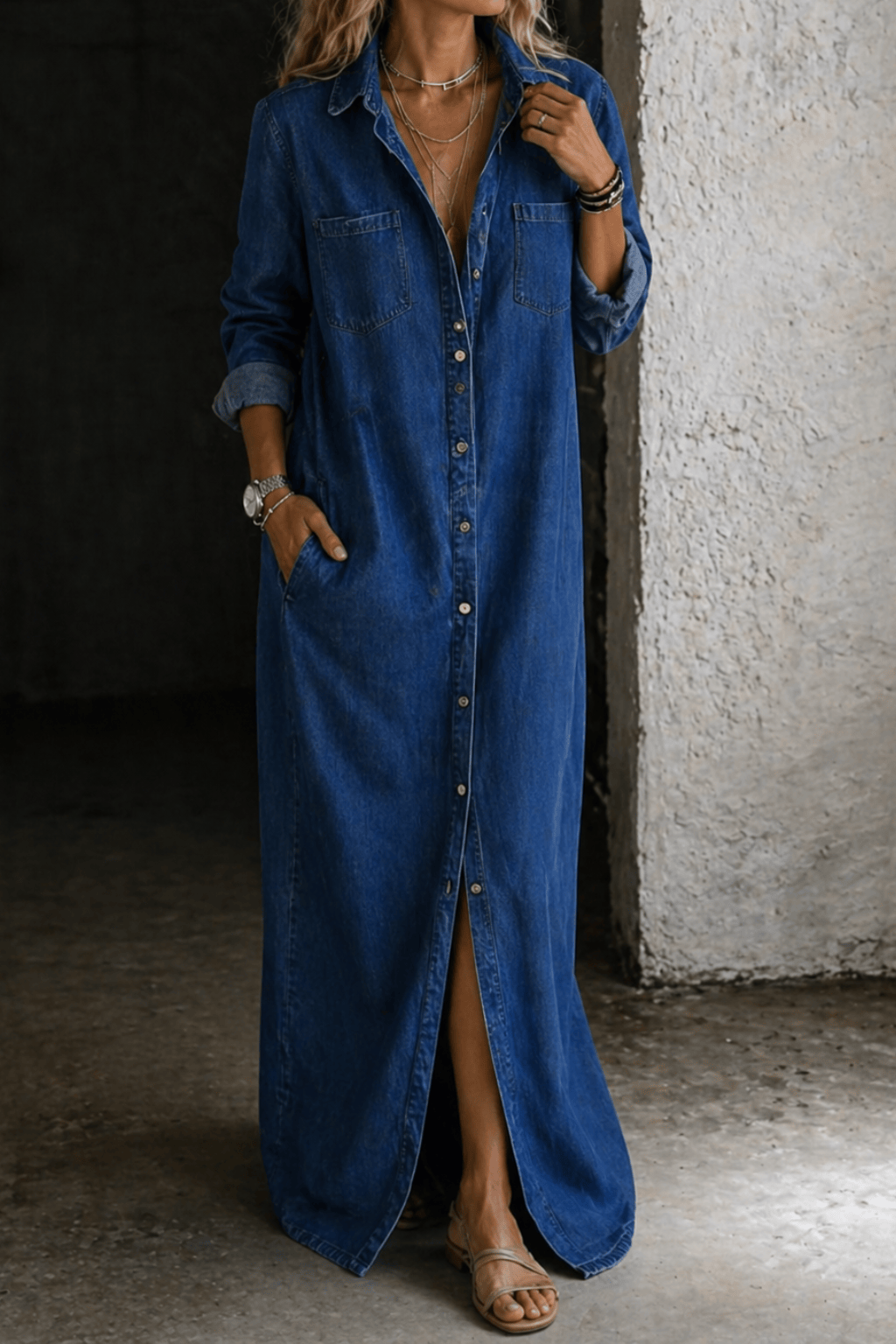 Robe longue boutonnée denim bleu foncé, col chemise, boutons sur toute la longueur.