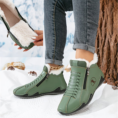 Bottines d’hiver vertes à tige haute, doublure en fausse fourrure et fermeture éclair