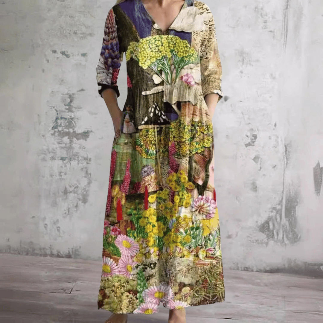 Robe d’été fleurie multicolore, coupe ample et manches trois-quarts