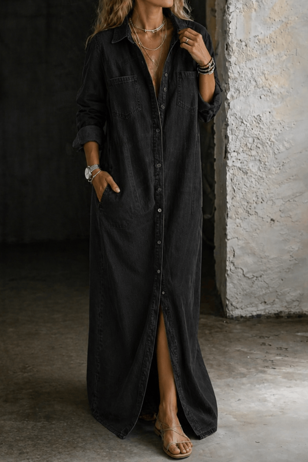 Robe longue boutonnée denim noir, col chemise, poches poitrine, fente avant.