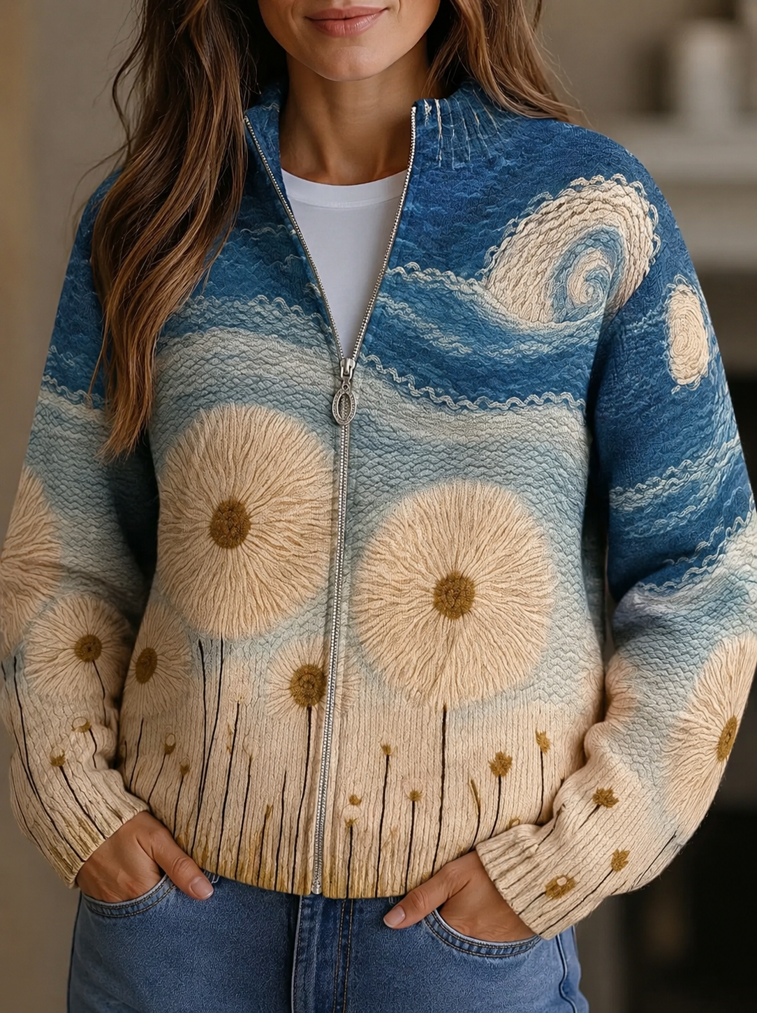 Yolanda | Cardigan zippé matelassé Champ de Pissenlit