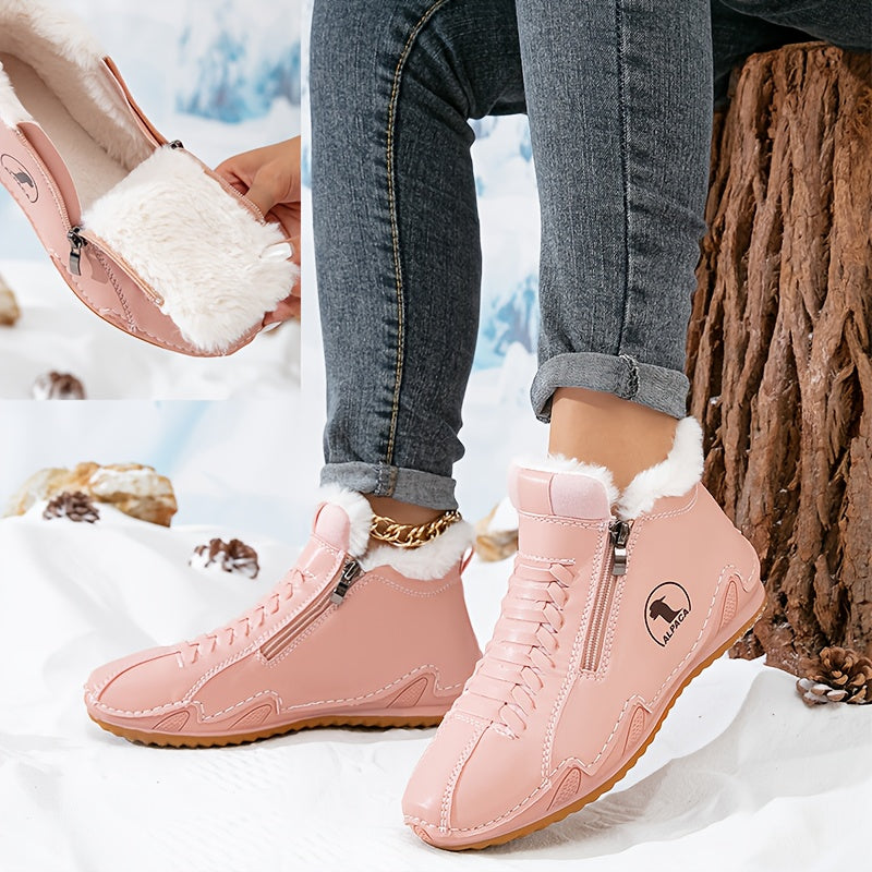 Bottines d’hiver roses à tige haute, doublure en fausse fourrure et fermeture éclair