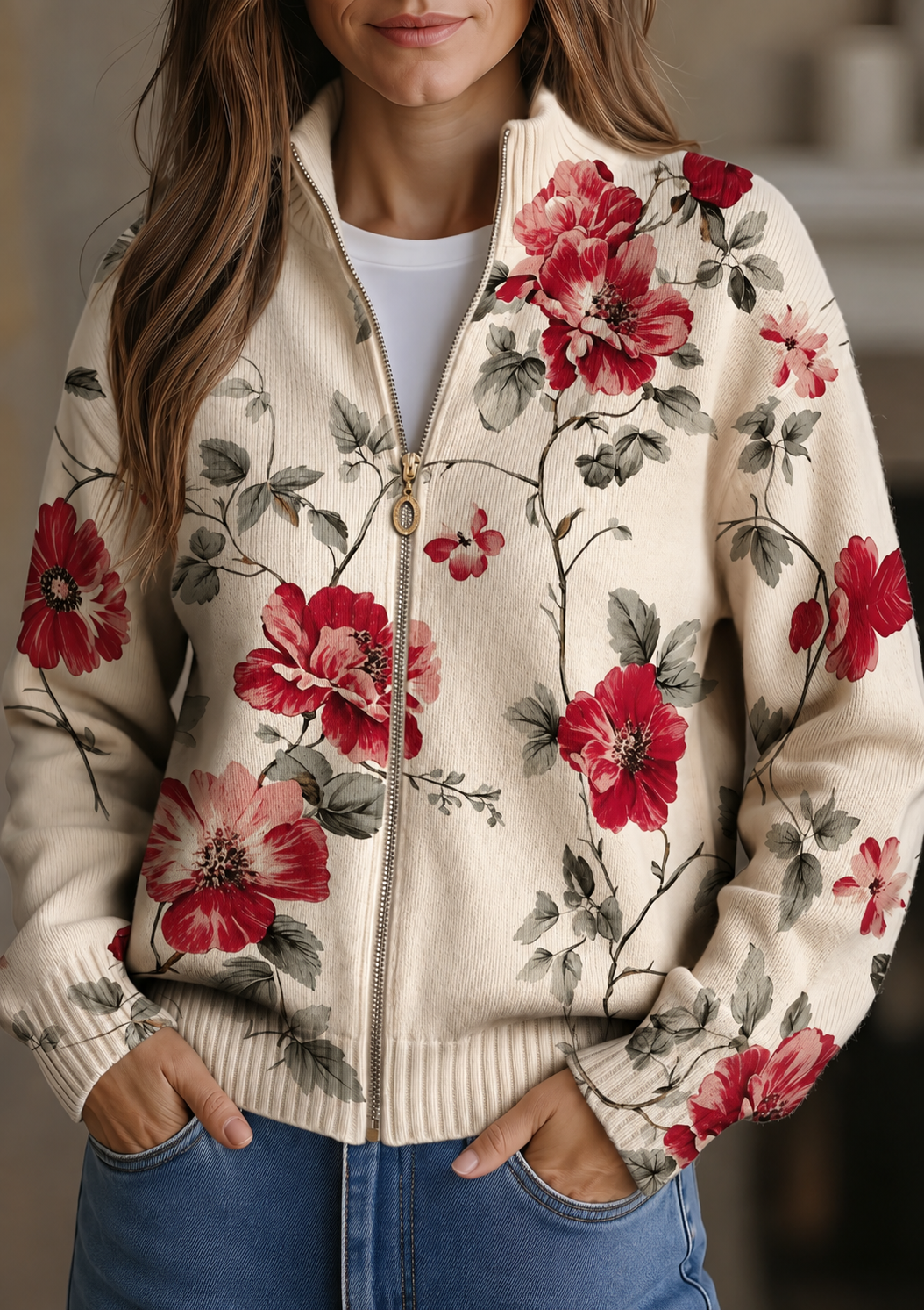 Wilhelmine | Cardigan zippé à imprimé rose vintage