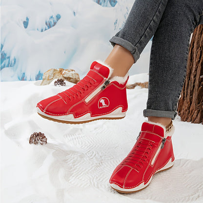 Bottines d’hiver rouges à tige haute, lacets, doublure fourrée et semelle épaisse