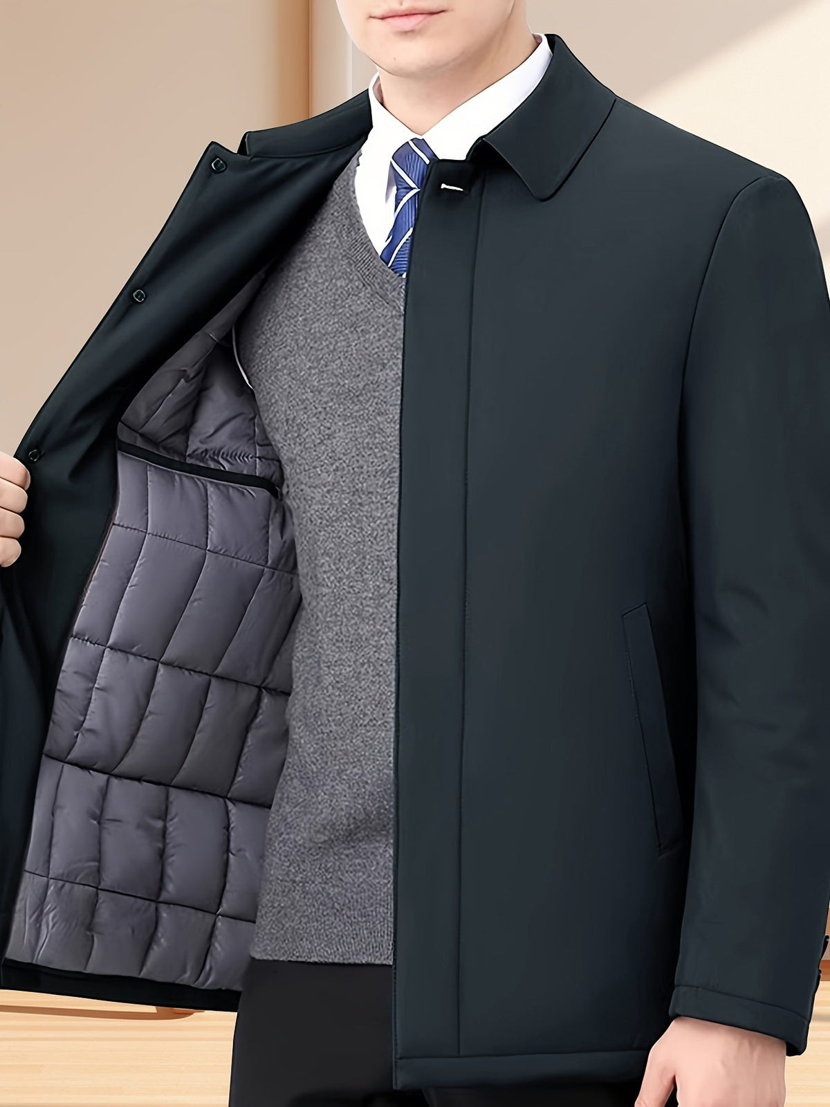 Veste à col à revers marine pour homme, fermeture éclair et doublure matelassée grise visible