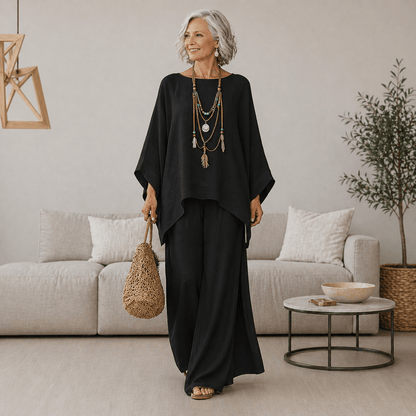 Ensemble noir ample: tunique et pantalon long assortis, col rond, manches chauve-souris