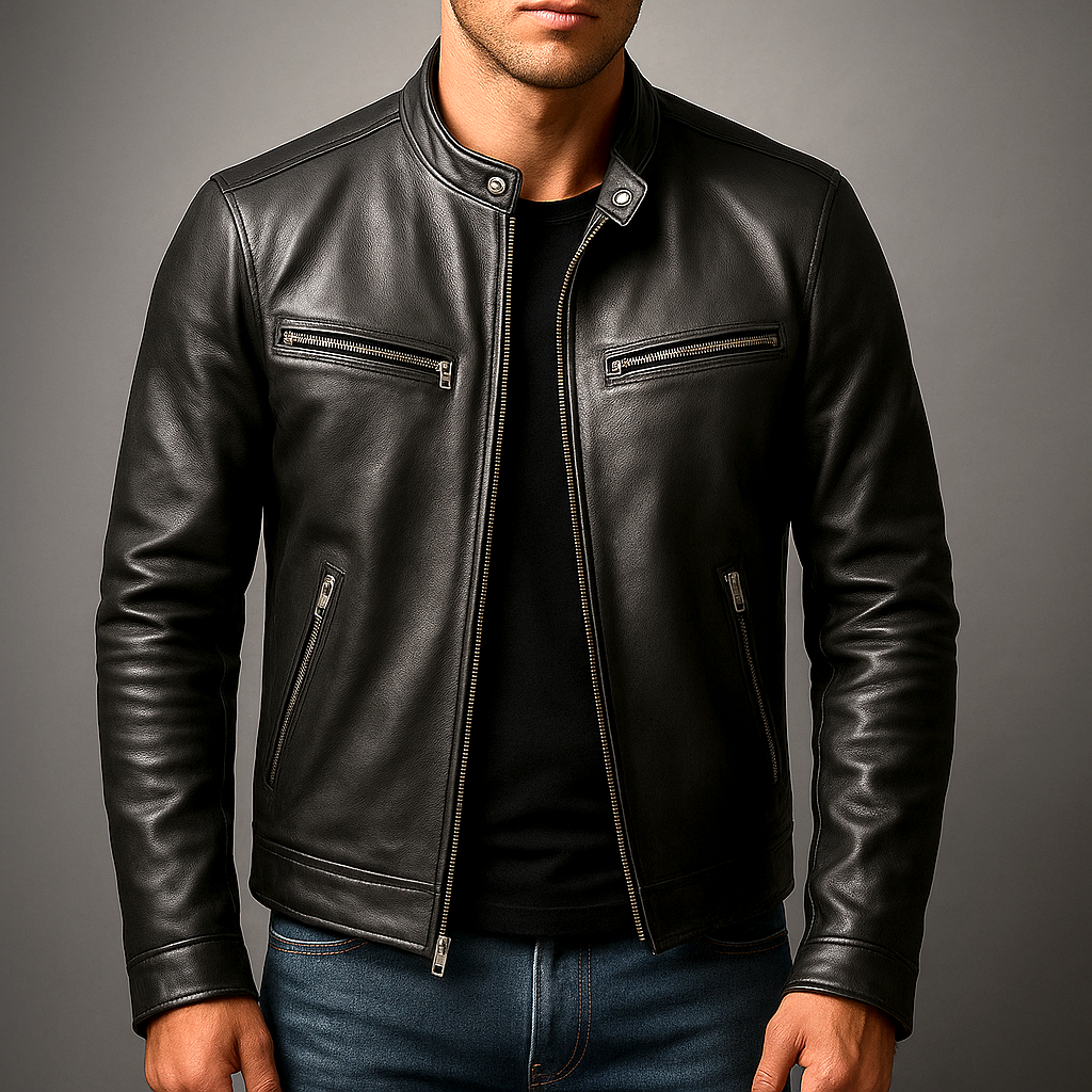 Veste vintage en cuir noire zippée, col boutonné, poches zippées sur la poitrine