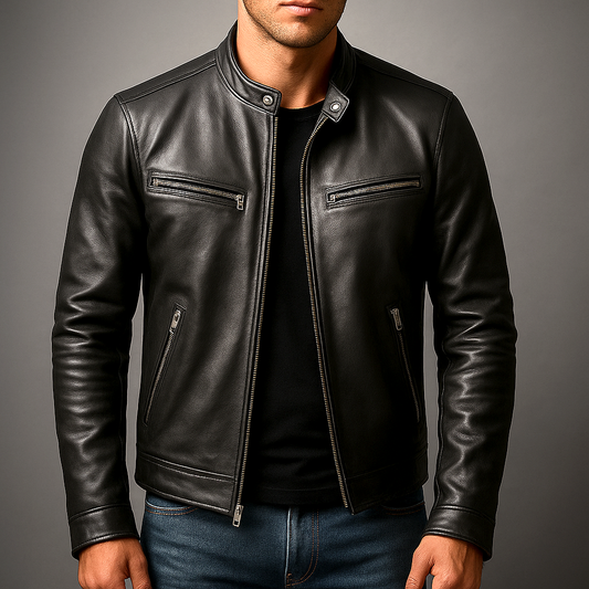 Veste vintage en cuir noire zippée, col boutonné, poches zippées sur la poitrine