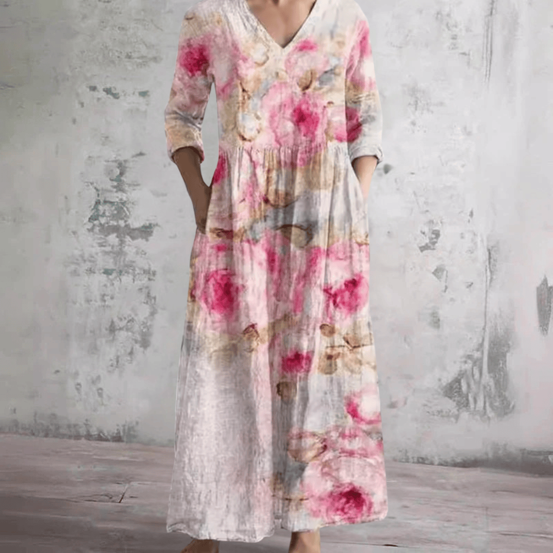 Robe d’été fleurie rose à encolure V, manches trois-quarts, coupe ample