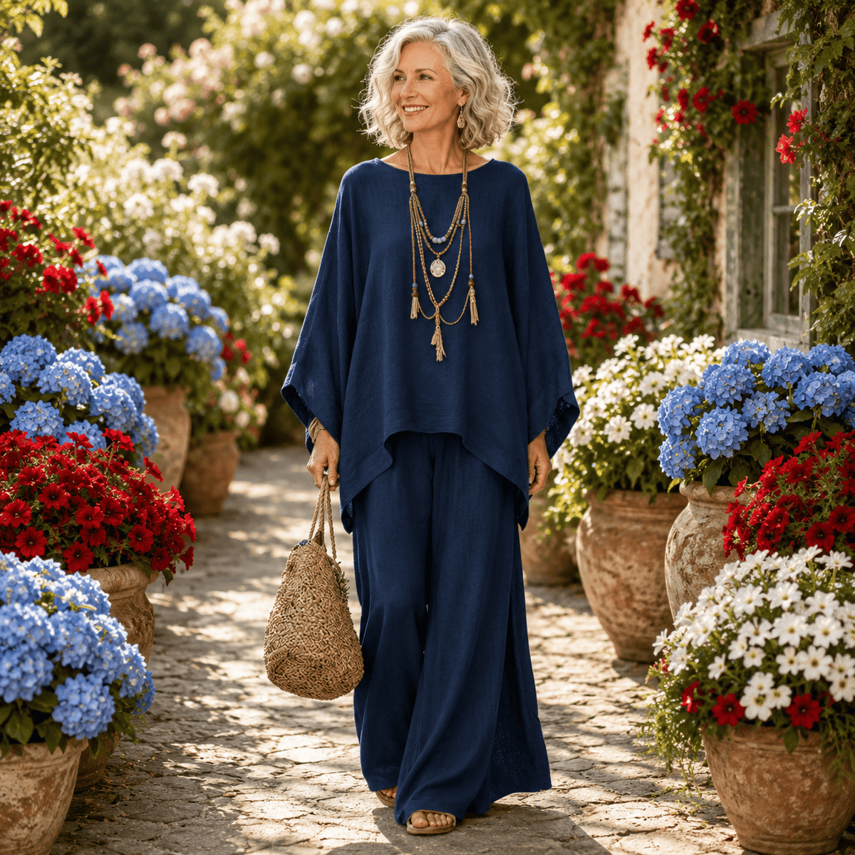 Ensemble bleu marine ample: tunique et pantalon long assortis, col rond, silhouette décontractée
