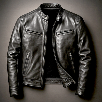 Veste vintage en cuir sombre zippée, fermeture centrale, poches zippées verticales