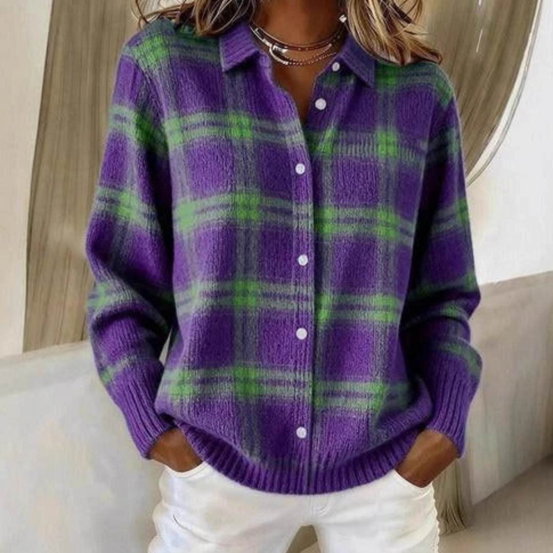 Cardigan Hélène en maille à carreaux – Violet Foncé