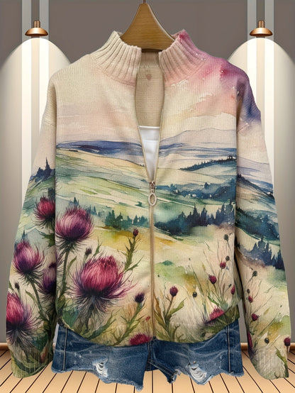 Zelda | Cardigan zippé paysage de chardon écossais