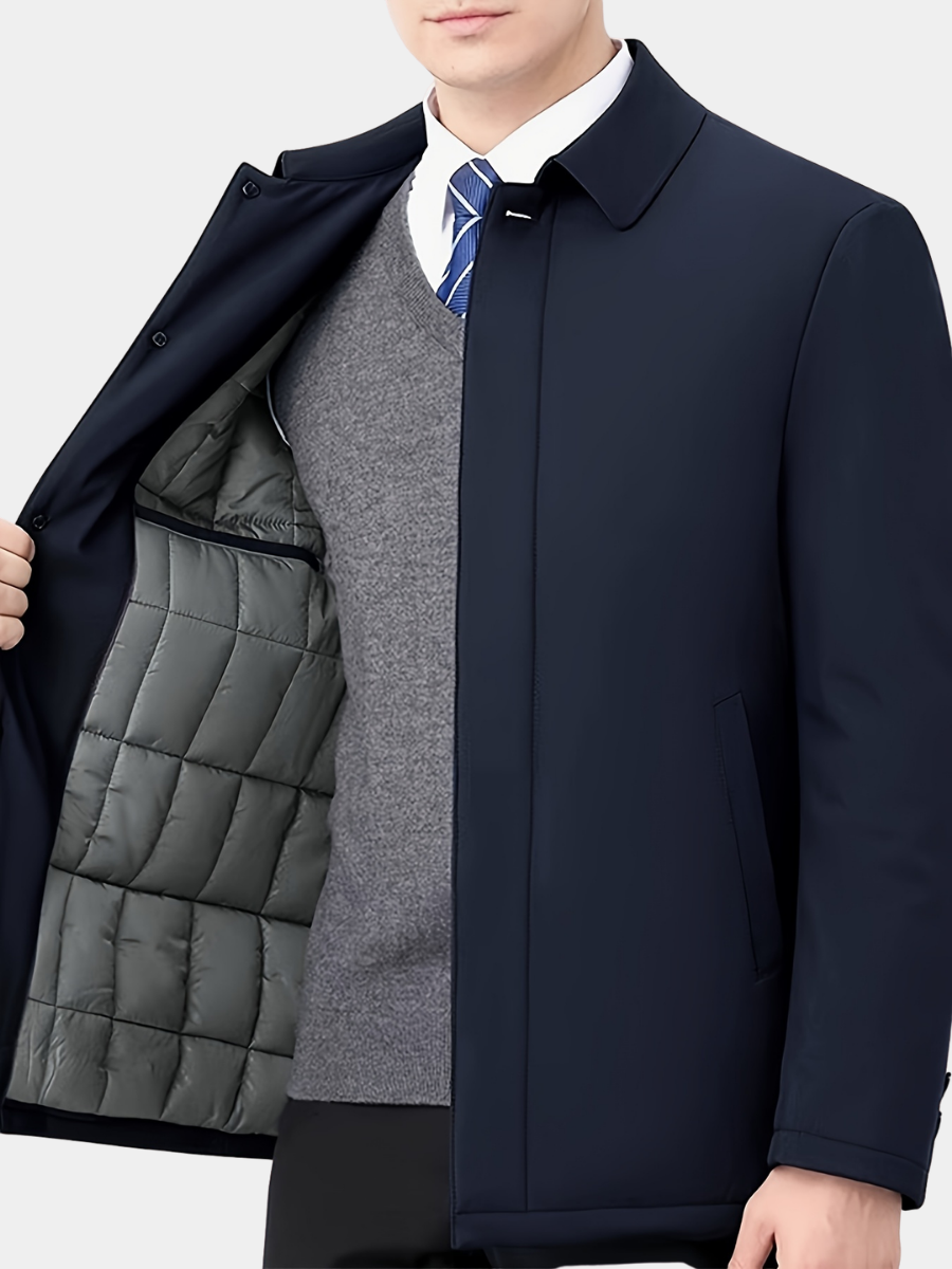 Veste à col à revers marine zippée pour homme, vue avant manches longues et poches