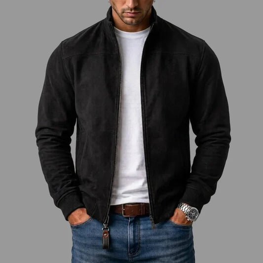 Blouson bomber noir à fermeture zippée, col montant et poignets côtelés